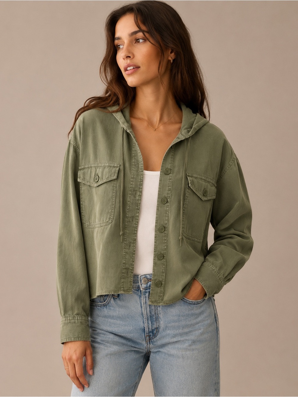 American Eagle Olive Green Utility Hooded Cropped Jacket Shirt Shacket L
